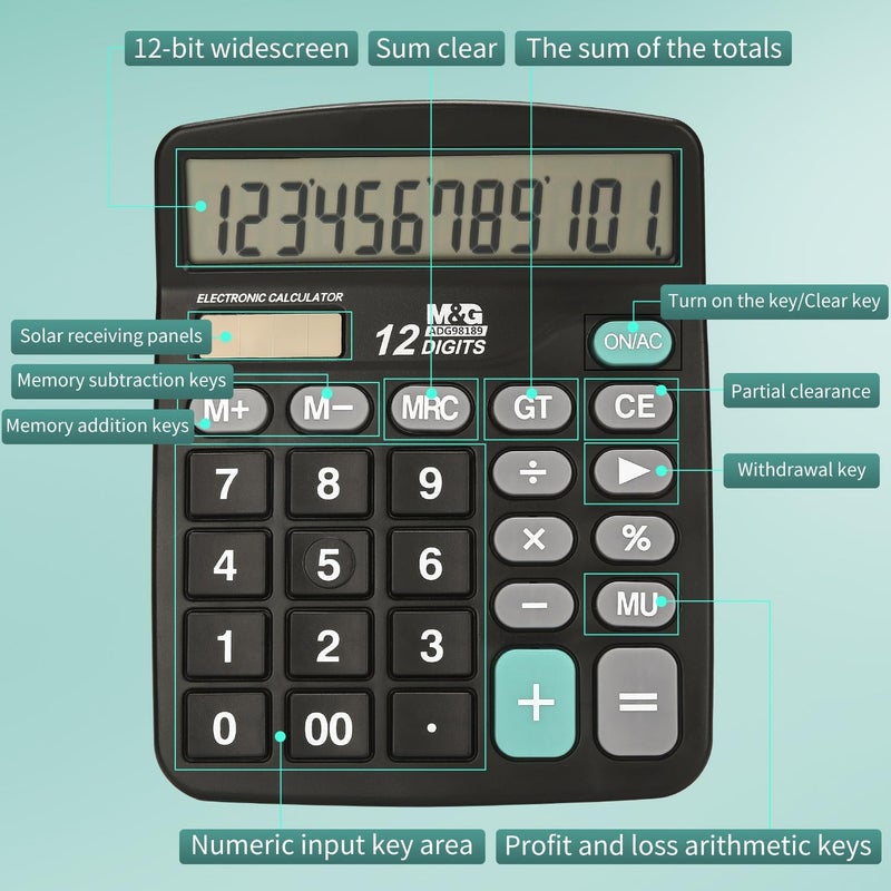 MG Desk Calculator 12 Digit Office Calculators with Large LCD Display, Dual Solar Power and Battery, Recessed Big Button Calculator for Office Home (Black) - Image 3